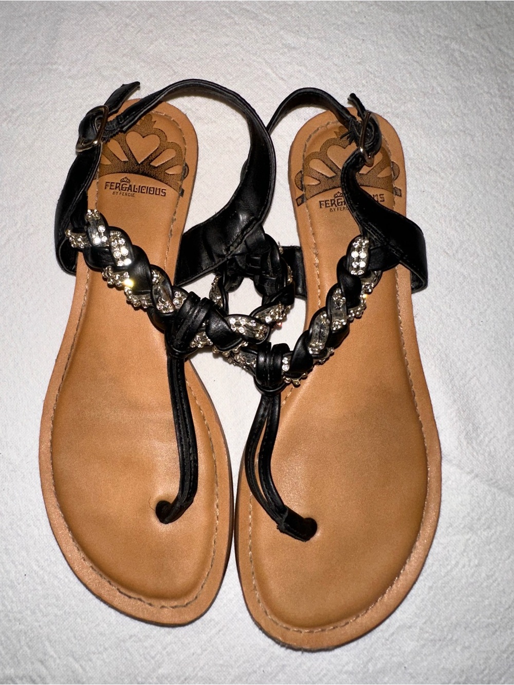 ⭐️ Fergalicious (7) Black Braided Rhinestone T-Strap Sandals